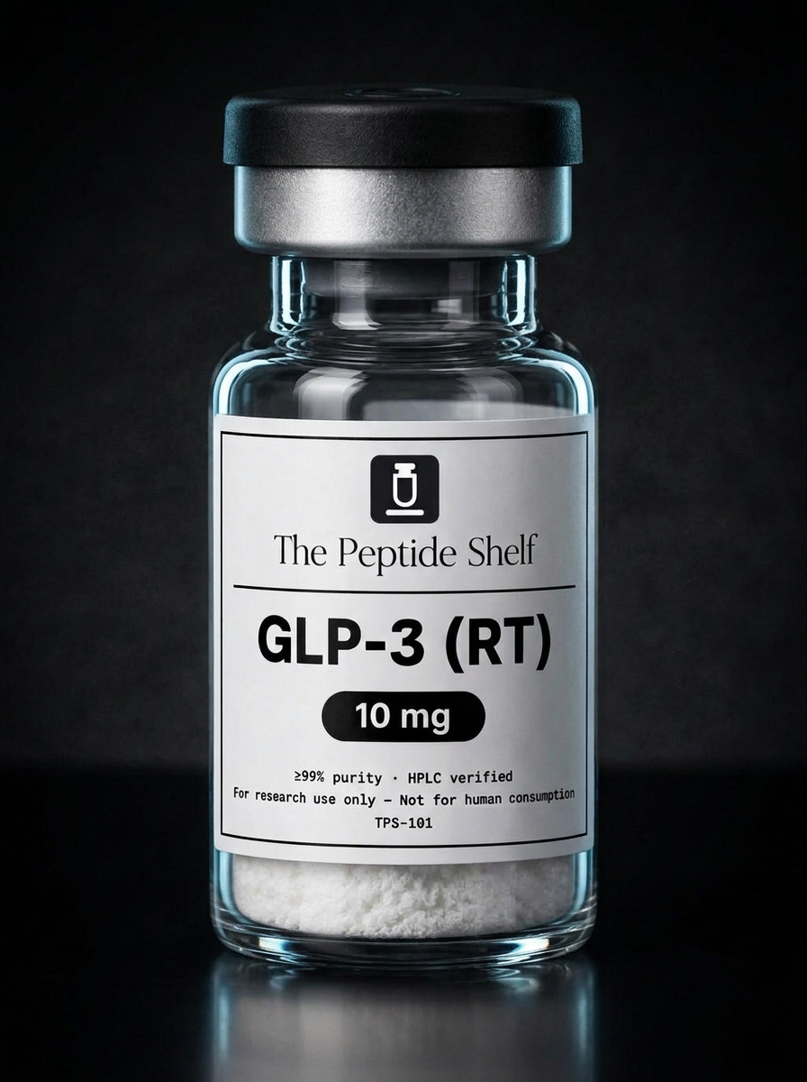 Sealed laboratory vial of lyophilized research peptide on a dark surface